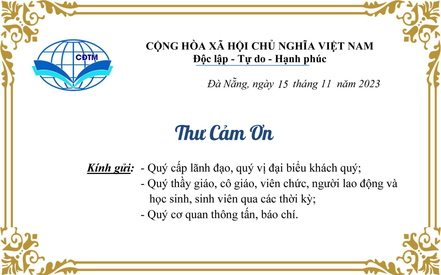 Thư cảm ơn nhân dịp Lễ kỷ niệm 50 năm thành lập Trường (1973-2023)